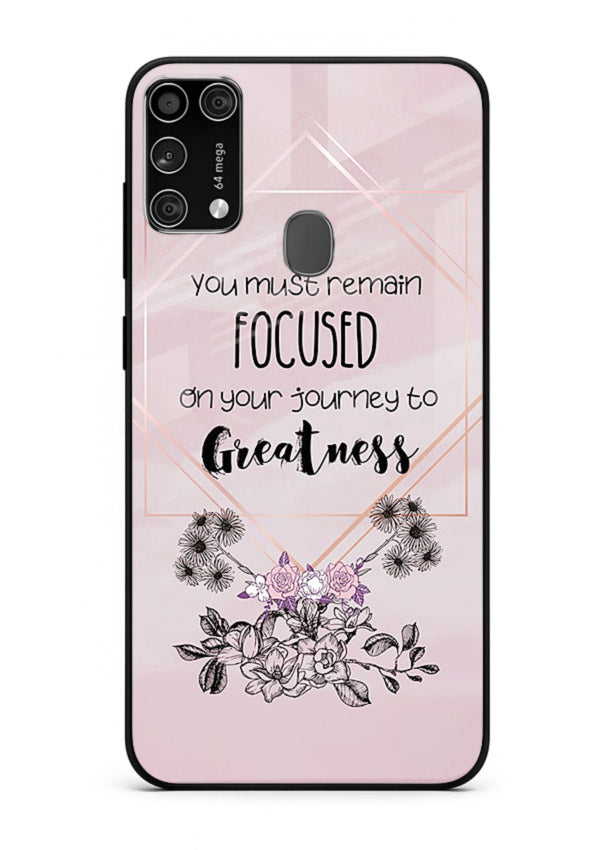 Geometric floral motivational artwork printed on Samsung M31 Prime glass back cover with balanced tones.