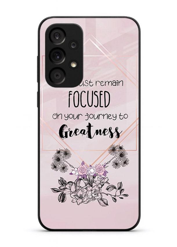 Geometric floral motivational artwork printed on Samsung A53 5G glass back cover with balanced tones.