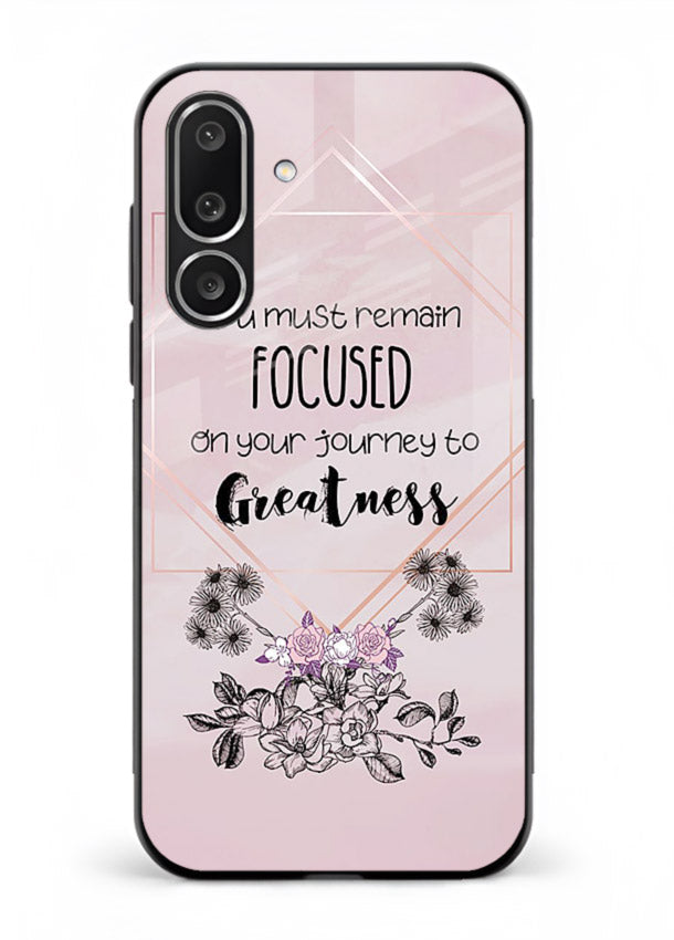 Geometric floral motivational artwork printed on Samsung M56 5G glass back cover with balanced tones.