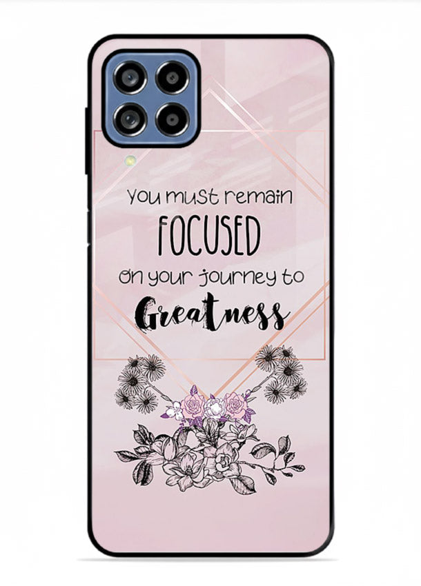 Geometric floral motivational artwork printed on Samsung F12 5G glass back cover with balanced tones.