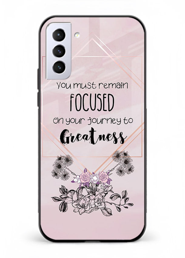 Geometric floral motivational artwork printed on Samsung S21 FE glass back cover with balanced tones.