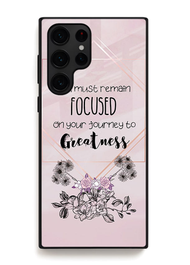 Geometric floral motivational artwork printed on Samsung S25 Ultra glass back cover with balanced tones.