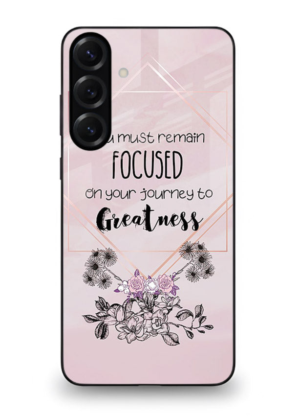 Geometric floral motivational artwork printed on Samsung M55 5G glass back cover with balanced tones.