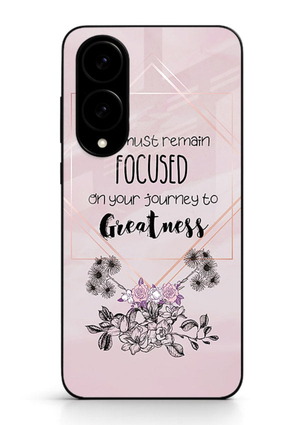 Geometric floral motivational artwork printed on Samsung S25 Edge glass back cover with balanced tones.