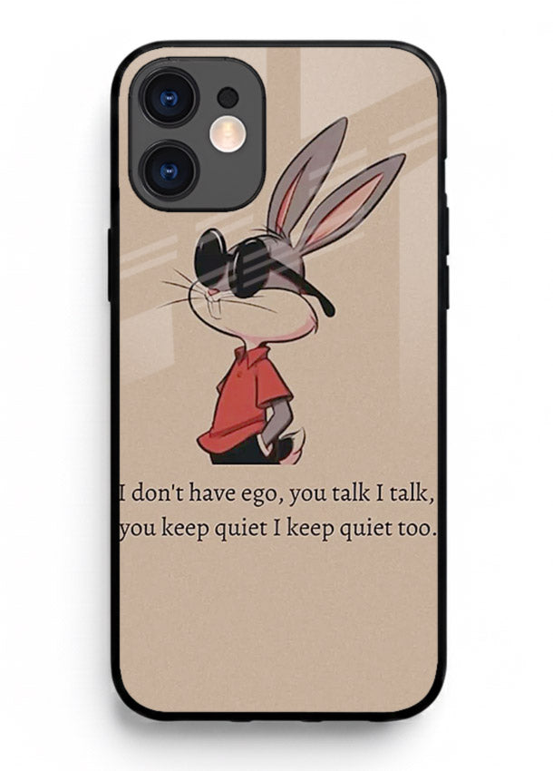 Confident bunny illustration printed on iphone 12 glass back cover with playful tone.