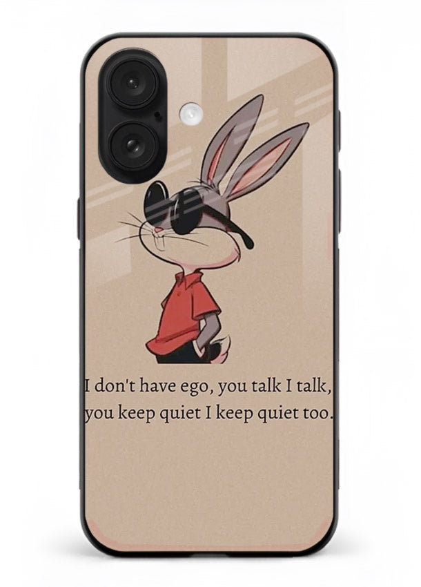 Confident bunny illustration printed on iphone 18 glass back cover with playful tone.