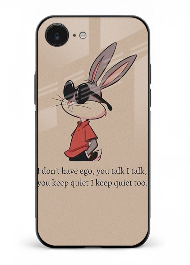 Confident bunny illustration printed on iphone 16e glass back cover with playful tone.