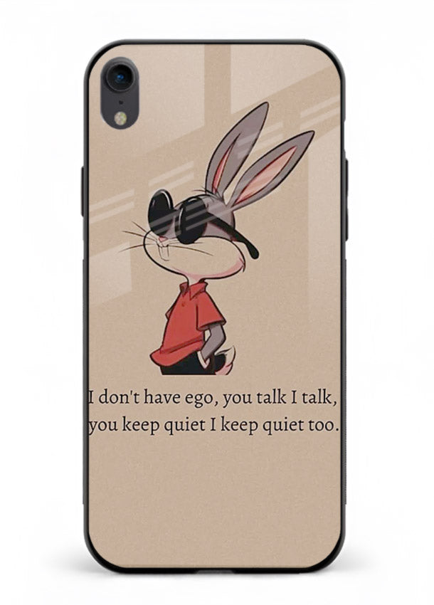 Confident bunny illustration printed on iphone xr glass back cover with playful tone.