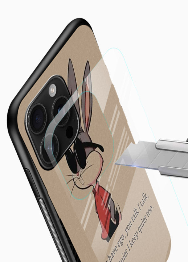 Confident bunny illustration printed on glossy vibrant premium glass back cover with playful tone. - Angle Blade