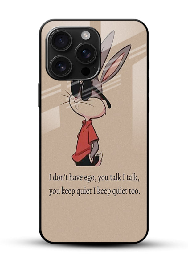 Confident bunny illustration printed on glossy vibrant premium glass back cover with playful tone. - Angle Front
