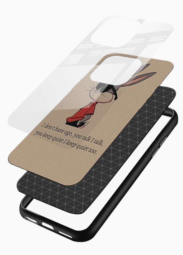 Confident bunny illustration printed on glossy vibrant premium glass back cover with playful tone. - Angle Layers