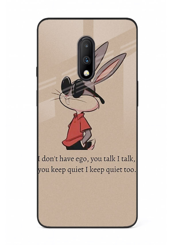 Confident bunny illustration printed on OnePlus 7 glass back cover with playful tone.