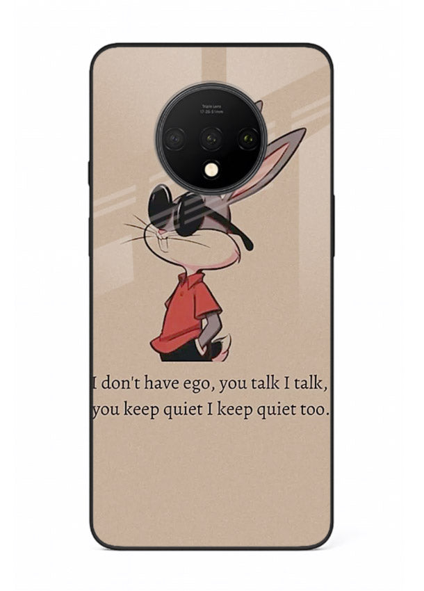 Confident bunny illustration printed on OnePlus 7T glass back cover with playful tone.