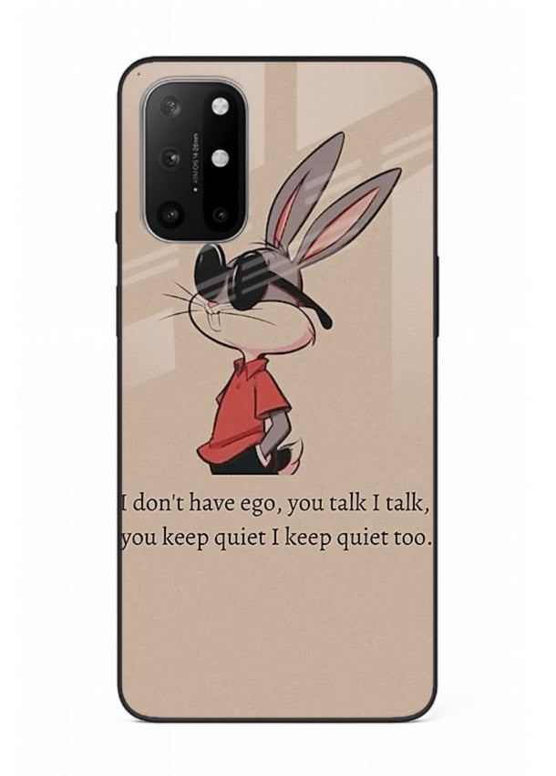 Confident bunny illustration printed on OnePlus 8T glass back cover with playful tone.
