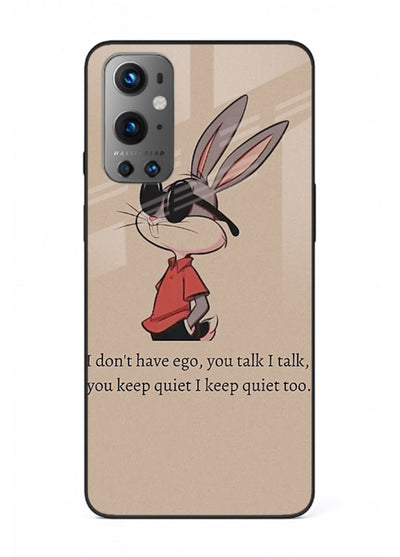 Confident bunny illustration printed on OnePlus 9 glass back cover with playful tone.