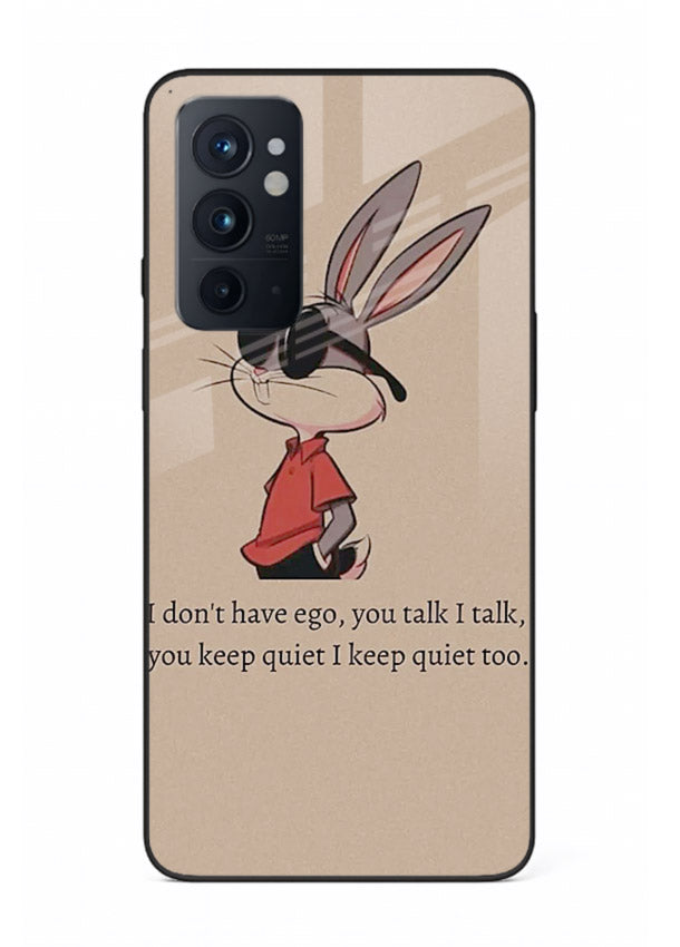 Confident bunny illustration printed on OnePlus 9RT glass back cover with playful tone.