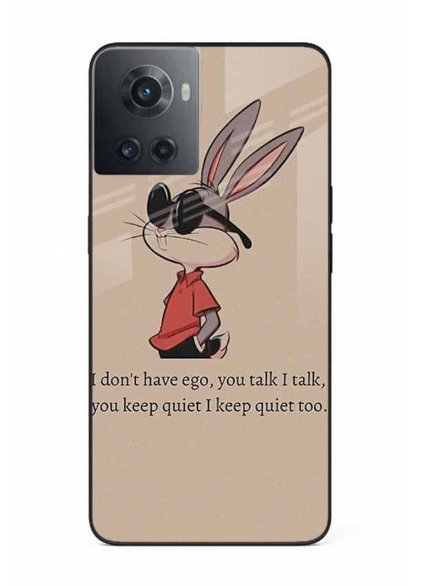 Confident bunny illustration printed on OnePlus 10R glass back cover with playful tone.
