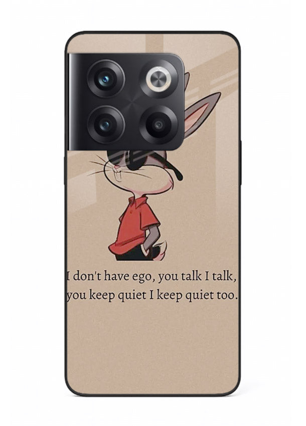 Confident bunny illustration printed on OnePlus 10T glass back cover with playful tone.