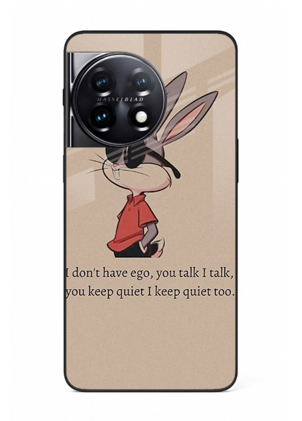 Confident bunny illustration printed on OnePlus 11R glass back cover with playful tone.