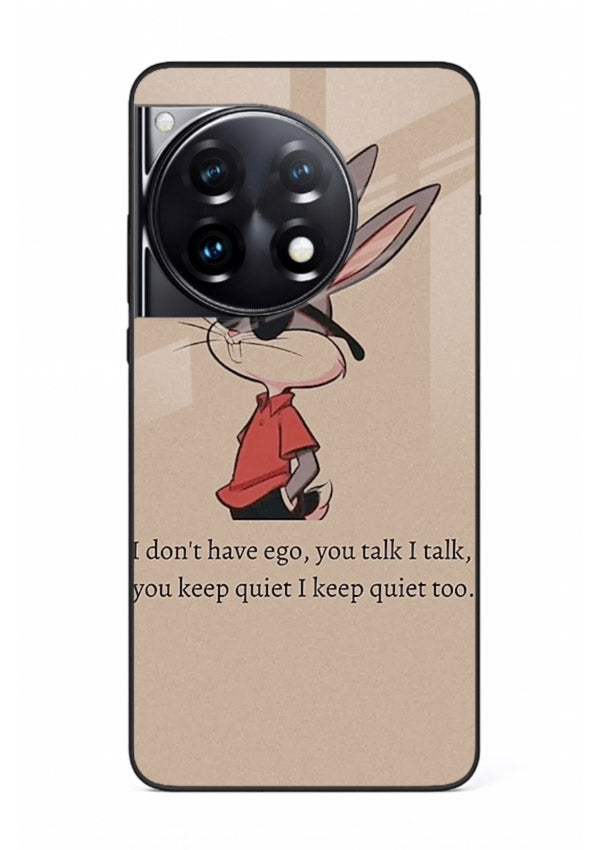 Confident bunny illustration printed on OnePlus 12R glass back cover with playful tone.