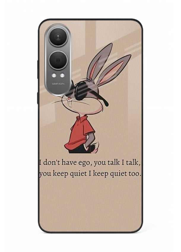 Confident bunny illustration printed on OnePlus Nord CE4 Lite glass back cover with playful tone.