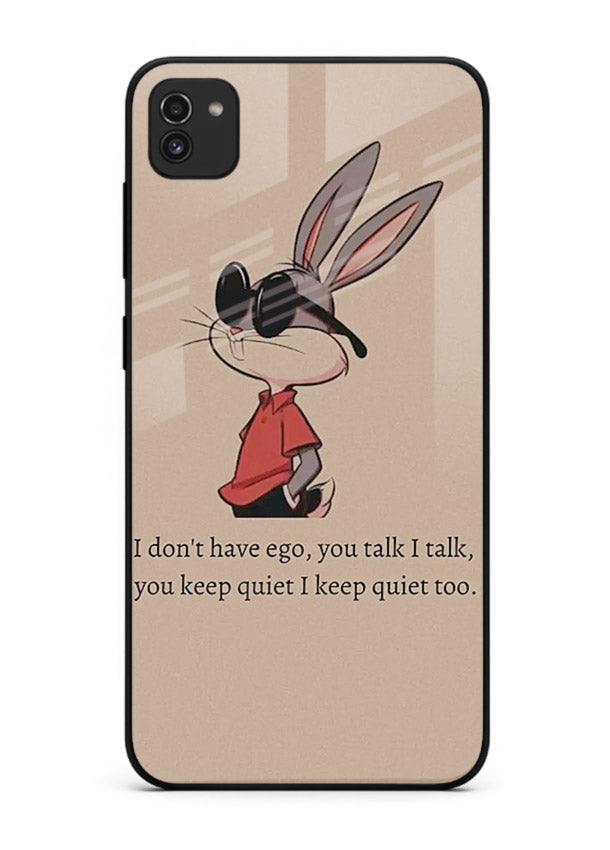 Confident bunny illustration printed on Samsung A03 glass back cover with playful tone.
