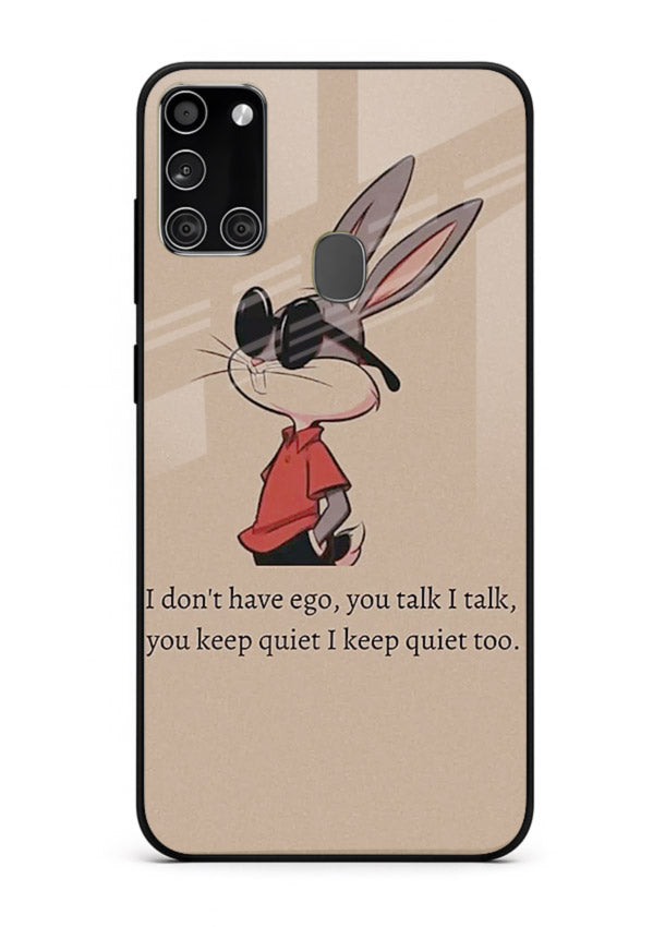 Confident bunny illustration printed on Samsung A21s glass back cover with playful tone.