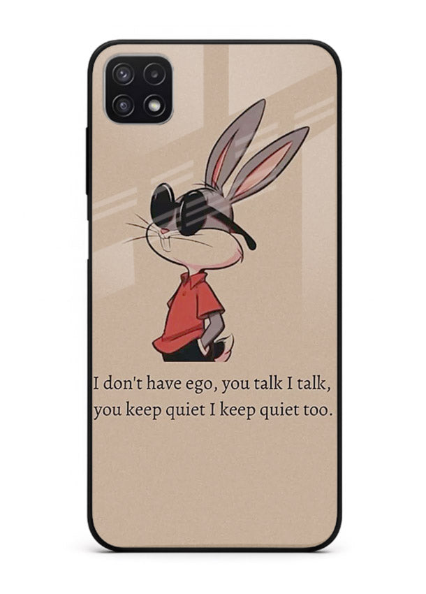 Confident bunny illustration printed on Samsung F42 5G glass back cover with playful tone.