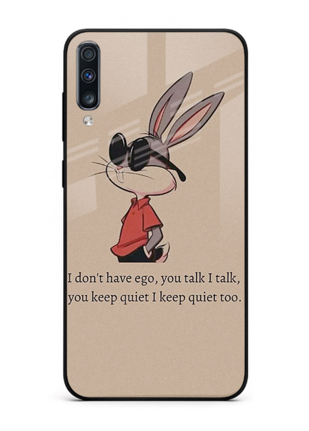Confident bunny illustration printed on Samsung A50 glass back cover with playful tone.
