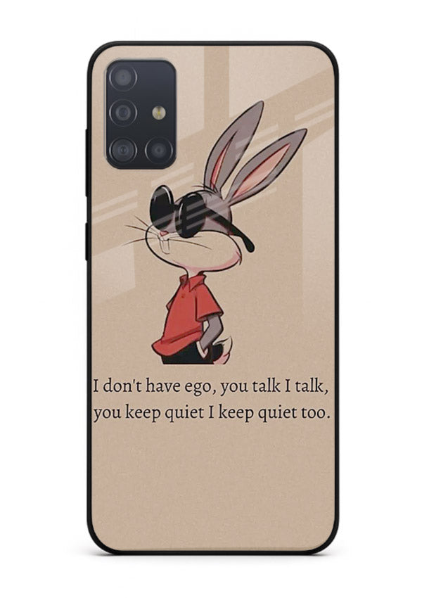 Confident bunny illustration printed on Samsung A71 glass back cover with playful tone.