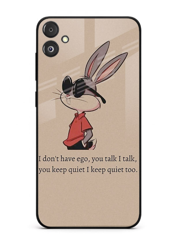 Confident bunny illustration printed on Samsung F14 5G glass back cover with playful tone.