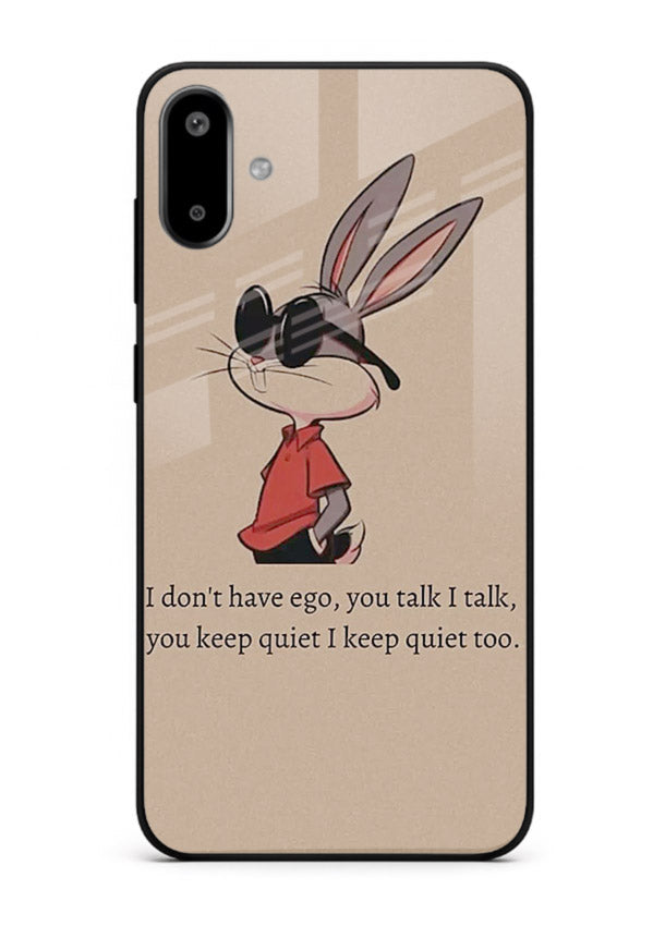 Confident bunny illustration printed on Samsung F06 5G glass back cover with playful tone.