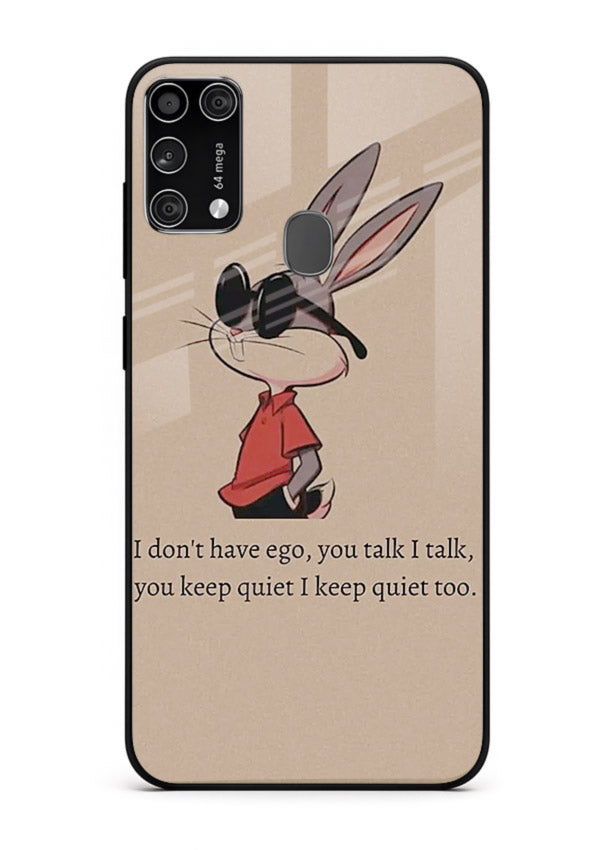 Confident bunny illustration printed on Samsung M31 Prime glass back cover with playful tone.
