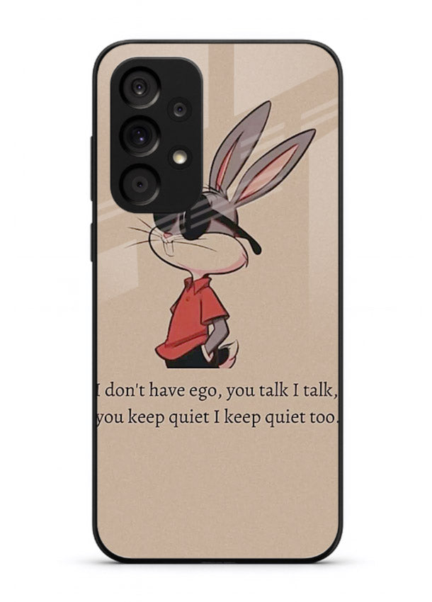 Confident bunny illustration printed on Samsung A33 5G glass back cover with playful tone.