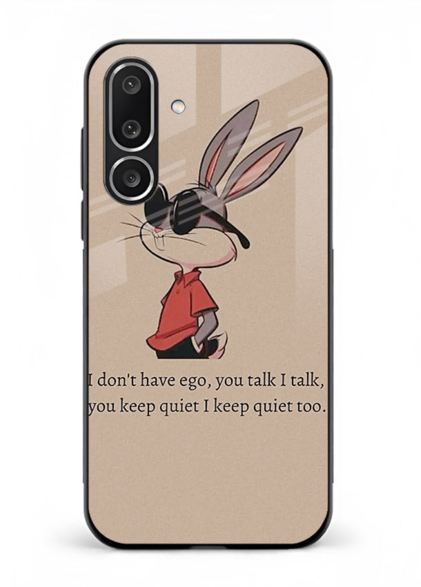 Confident bunny illustration printed on Samsung F56 5G glass back cover with playful tone.