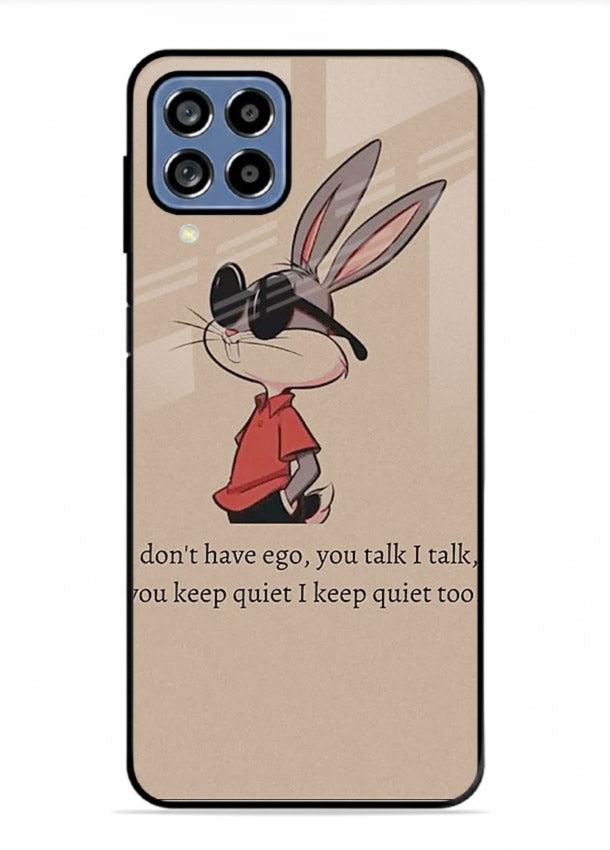 Confident bunny illustration printed on Samsung F12 5G glass back cover with playful tone.