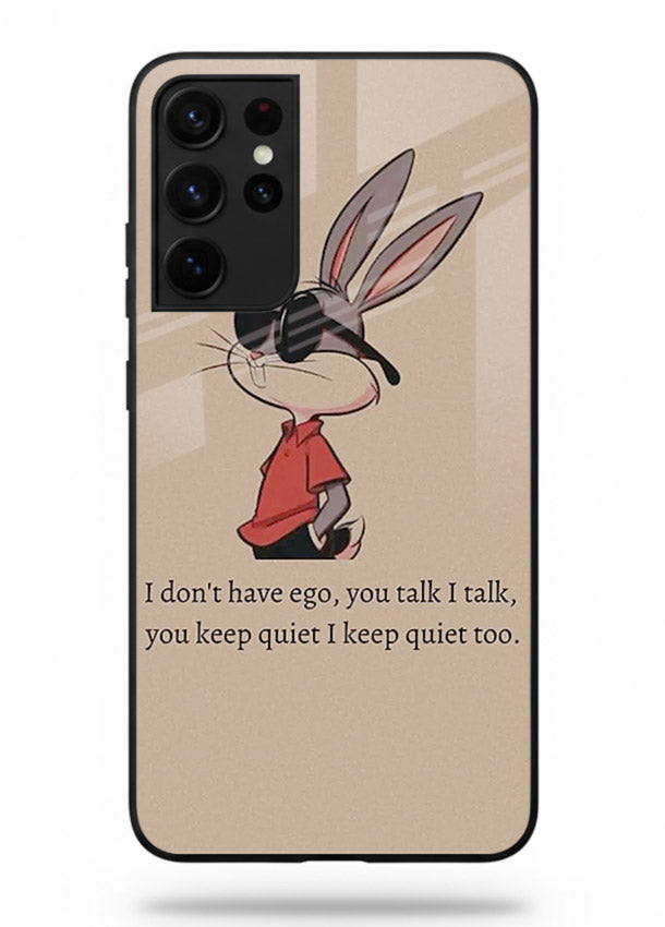 Confident bunny illustration printed on Samsung S21 Ultra glass back cover with playful tone.