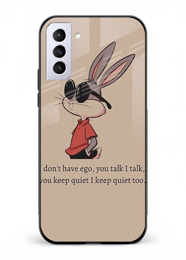 Confident bunny illustration printed on Samsung S21 Plus glass back cover with playful tone.