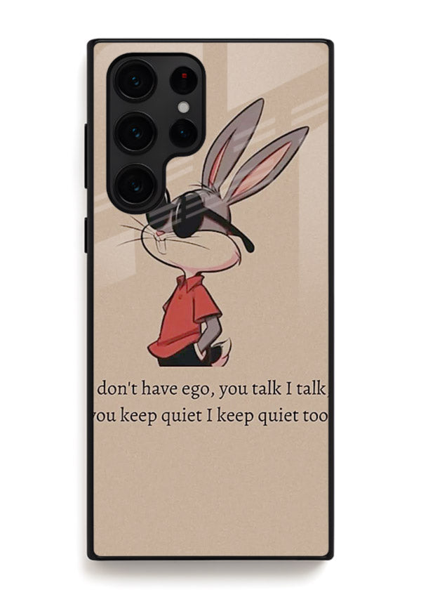 Confident bunny illustration printed on Samsung S23 Ultra glass back cover with playful tone.