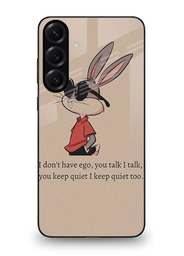 Confident bunny illustration printed on Samsung S23 FE glass back cover with playful tone.