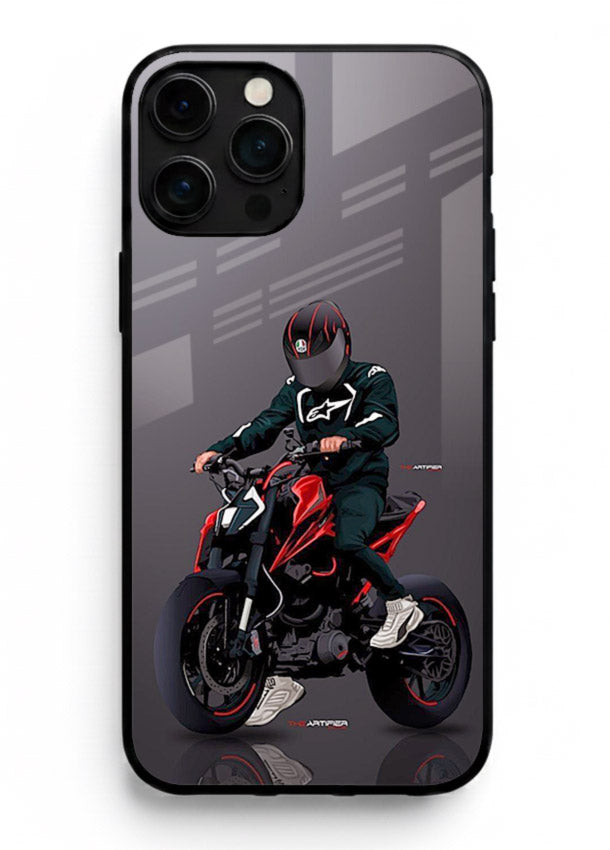 Minimal black and red mini sport bike printed on tempered glass iPhone 14 Pro Max back cover