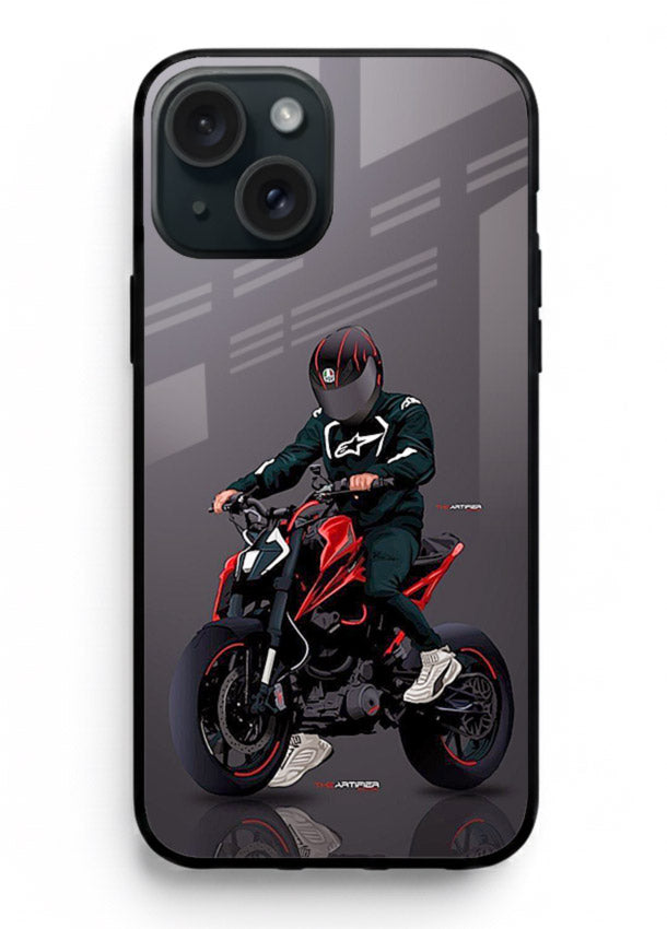 Minimal black and red mini sport bike printed on tempered glass iPhone 13 back cover