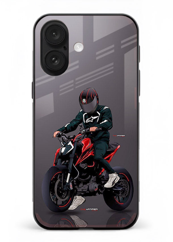Minimal black and red mini sport bike printed on tempered glass iPhone 18 back cover