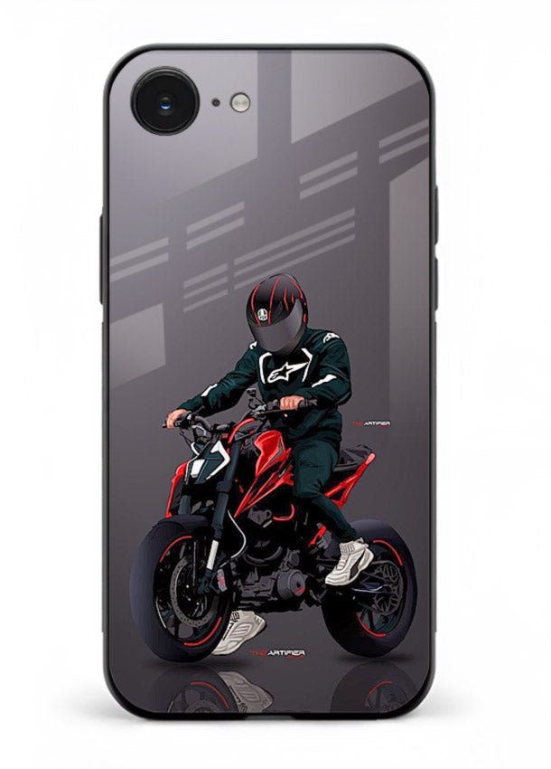 Minimal black and red mini sport bike printed on tempered glass iPhone 16E back cover