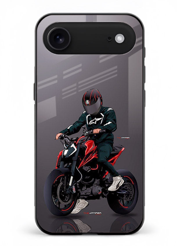 Minimal black and red mini sport bike printed on tempered glass iPhone 18 Air back cover