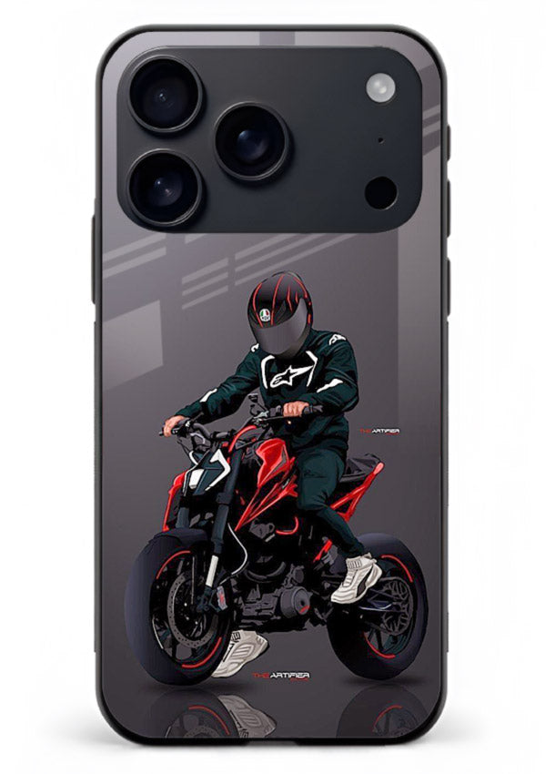 Minimal black and red mini sport bike printed on tempered glass iPhone 17 Pro Max back cover