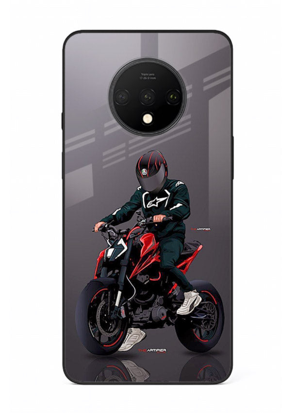 Minimal black and red mini sport bike printed on tempered glass OnePlus 7T back cover