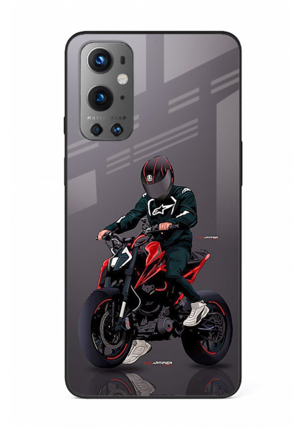 Minimal black and red mini sport bike printed on tempered glass OnePlus 9 back cover