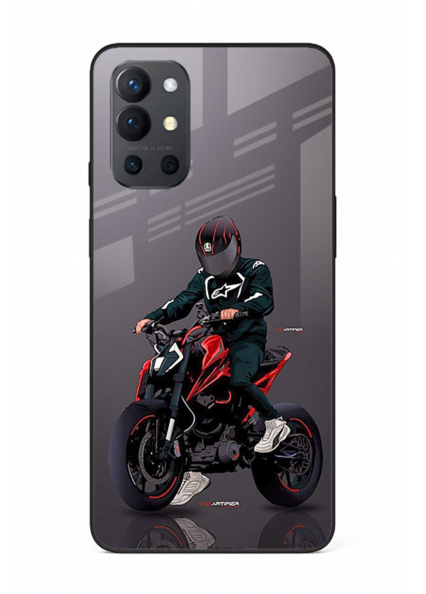 Minimal black and red mini sport bike printed on tempered glass OnePlus 9R back cover