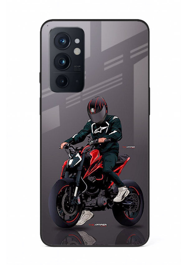 Minimal black and red mini sport bike printed on tempered glass OnePlus 9RT back cover